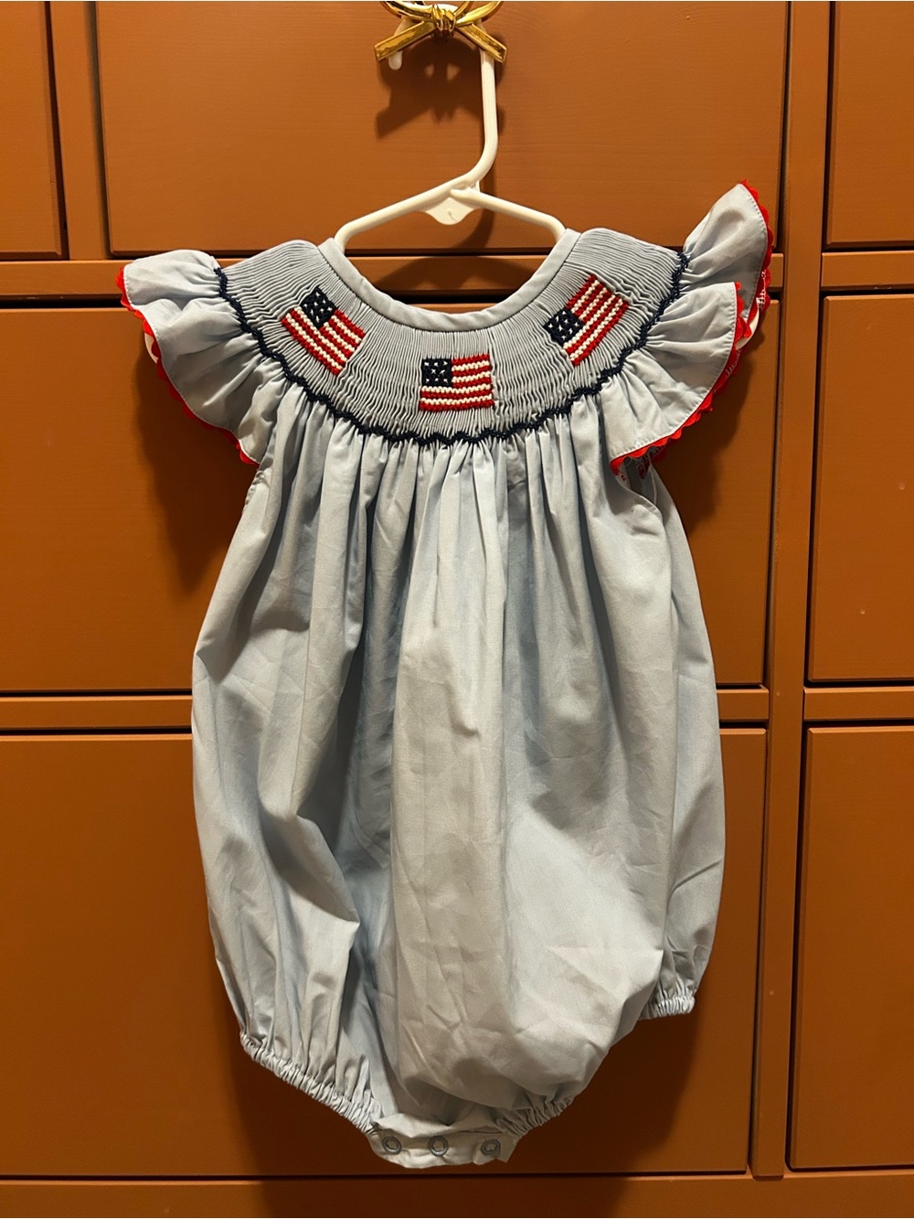 Baby Girls Light Blue Smocked American Flag One-Piece Romper